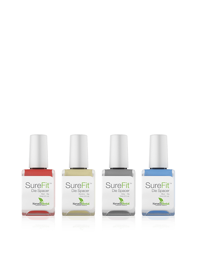 Surefit Die Spacer. Red, Dentine, Grey, Blue.